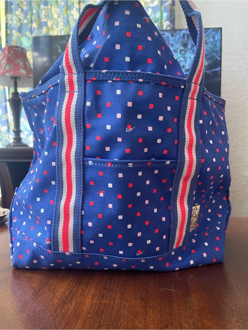 Lilly Pulitzer Blue Canvas Tote with Red and White Dot Accents